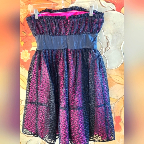 BETSEY JOHNSON Y2k Strapless Black Lace Hot Pink Satin Slip Zip Mini Dress - Picture 10 of 16
